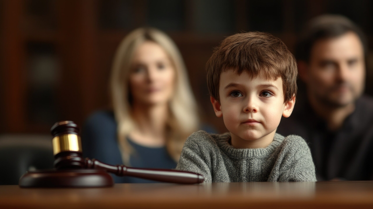 Cute child and mother at the table with the judge's gavel blurred in the background, family law concept, courtroom, elements, divorce