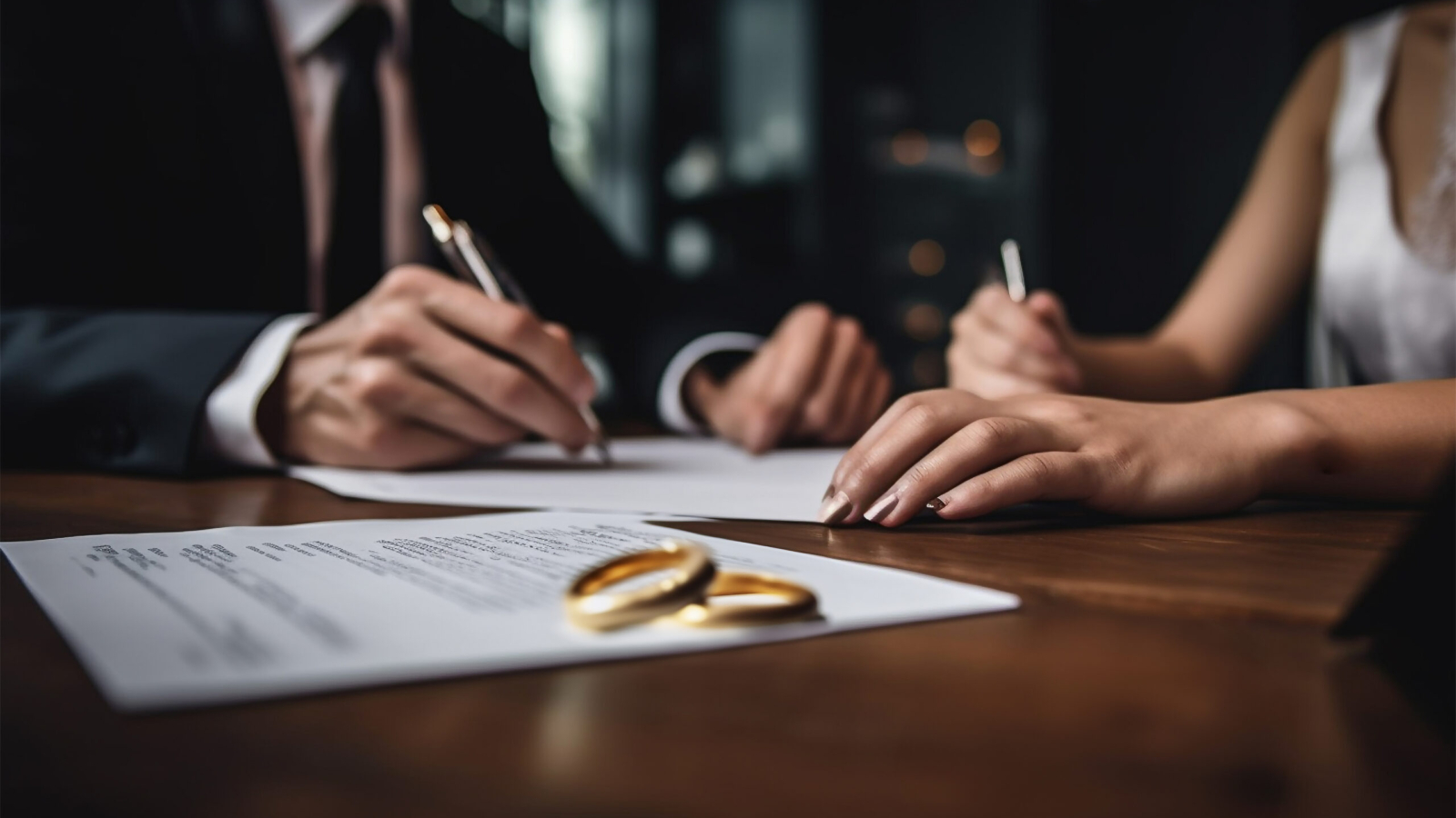 Divorce by law. Two golden rings,contract and Judge hammer. Husband and wife getting a divorce concept. Division of property after a divorce. hammer of a judge. Copy space Space for text