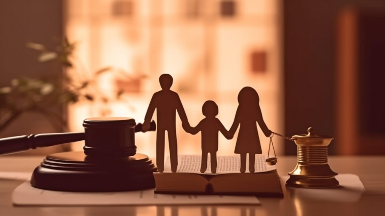 Family, book, and judge's gavel made of paper. Generative AI, family law