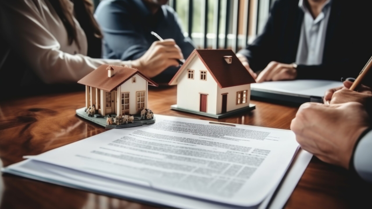 A group of individuals gathered around a table, engaged in a discussion about a model house. This image can be used to depict teamwork, collaboration, planning, or real estate discussions.