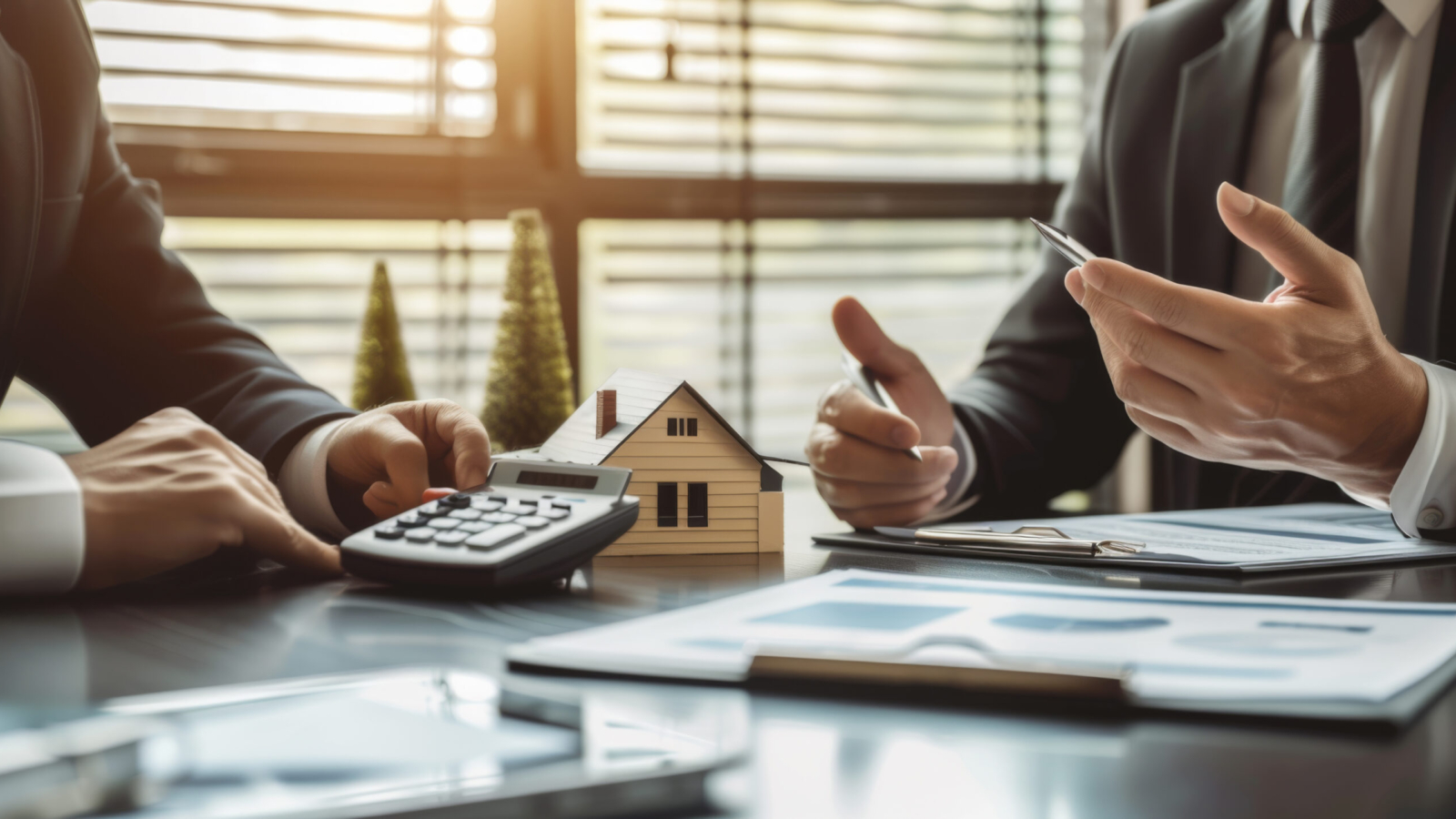 individuals involved in a real estate transaction with a calculator, documents, and a small model house on the table, indicating a focus on property investment, mortgage calculation, or financial planning.